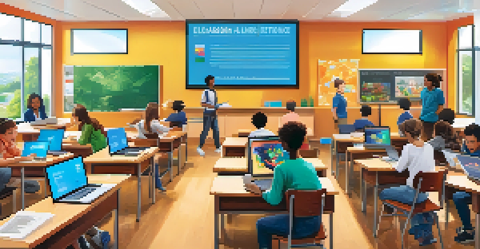 A diverse group of students in a modern classroom using laptops and tablets, with a large screen displaying a Learning Management System interface.