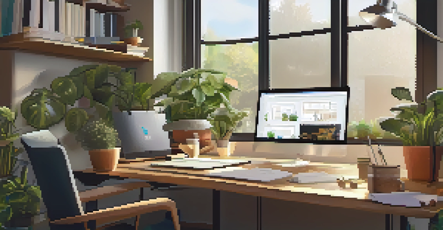 A cozy home office with a computer screen displaying an online collaborative project, accompanied by notebooks and a coffee mug.