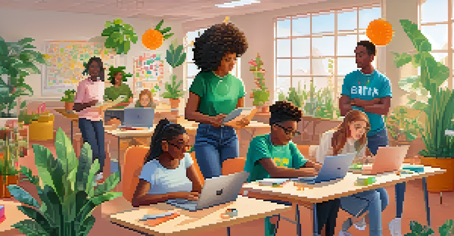 A diverse group of students working together on a virtual project in a colorful and inviting classroom.