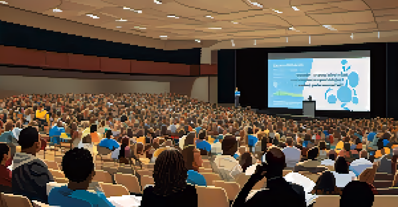 A community meeting in a school auditorium focused on crisis preparedness, with parents and emergency services collaborating.