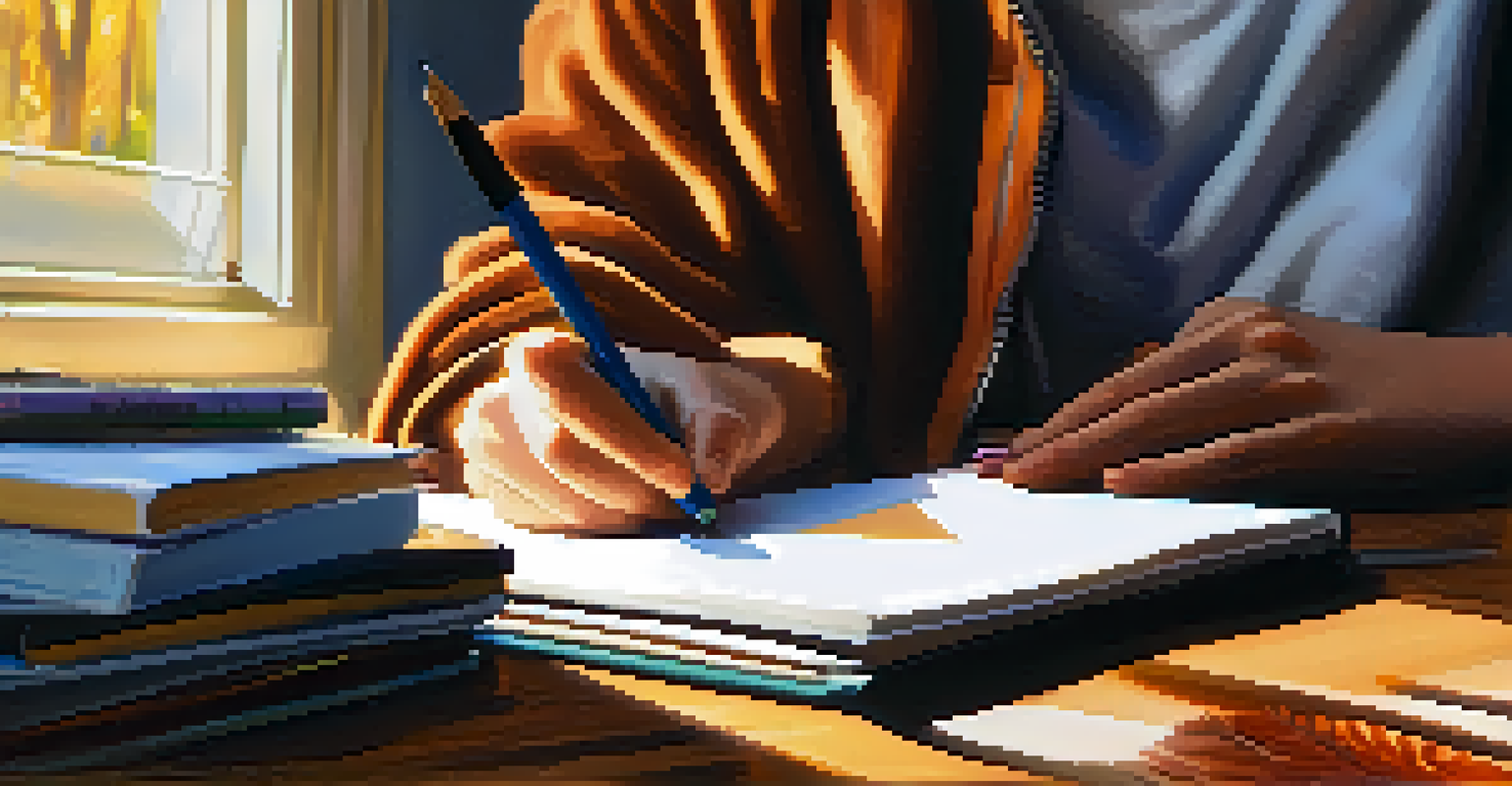 A student's hands writing in a reflective journal with notes and drawings, illuminated by a warm desk lamp.