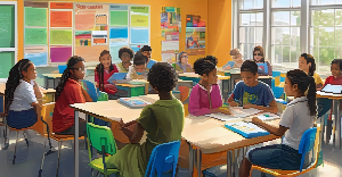 A classroom with diverse students collaborating on a digital project, using laptops and tablets, in a bright and colorful environment.