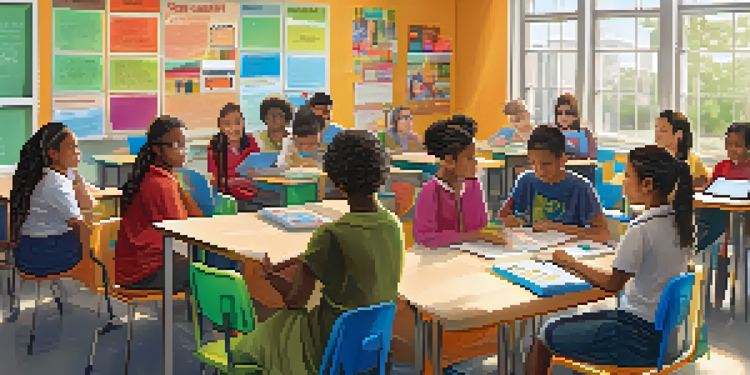 A classroom with diverse students collaborating on a digital project, using laptops and tablets, in a bright and colorful environment.