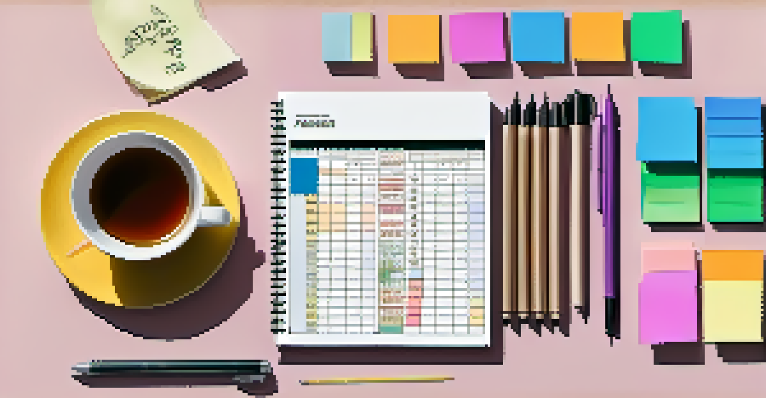 An overhead view of a budgeting planner with sticky notes, a calculator, and a cup of tea.