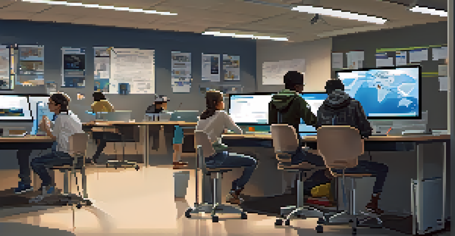 A high school student mentoring a younger student in a computer lab, both focused on a computer screen, with motivational posters around them.