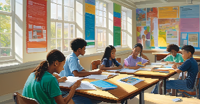 A diverse group of students collaborating in a bright classroom filled with educational materials, discussing ideas over books and laptops.