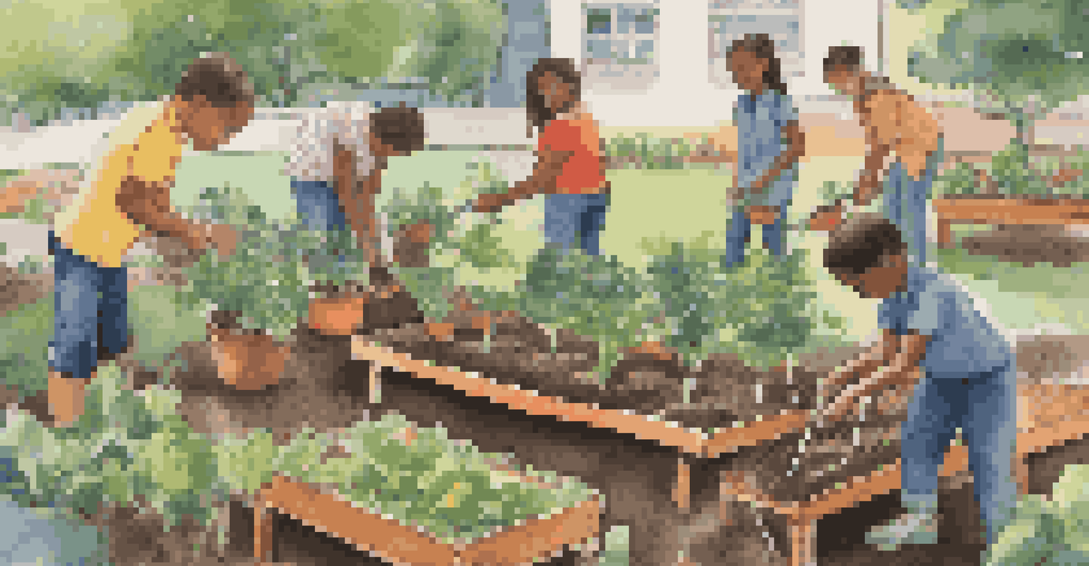 Students planting vegetables in a school garden, surrounded by educational materials on biodiversity.