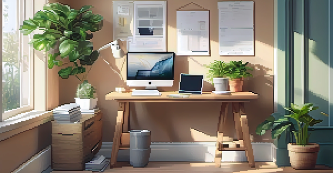 A cozy workspace with a wooden desk, laptop, financial documents, and houseplants, illuminated by natural light.