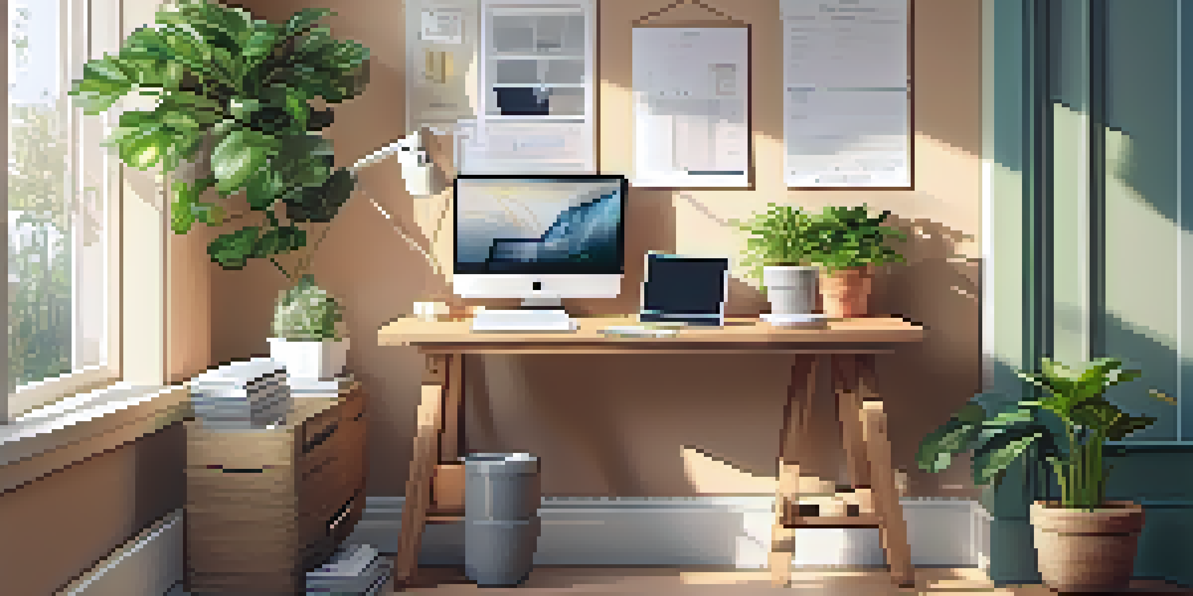 A cozy workspace with a wooden desk, laptop, financial documents, and houseplants, illuminated by natural light.