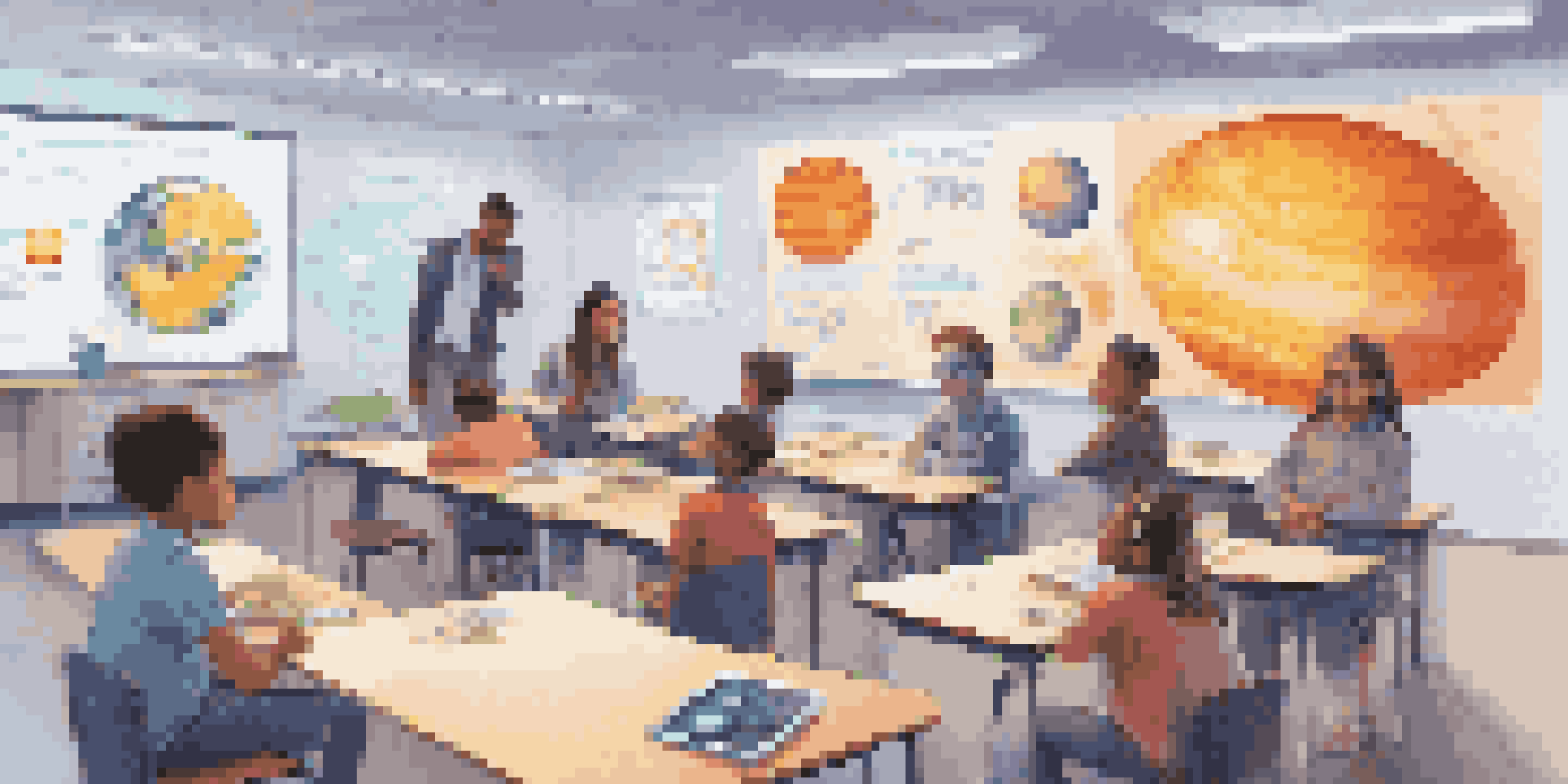 A classroom full of students using augmented reality glasses to explore 3D holograms of the solar system, with a teacher guiding them.