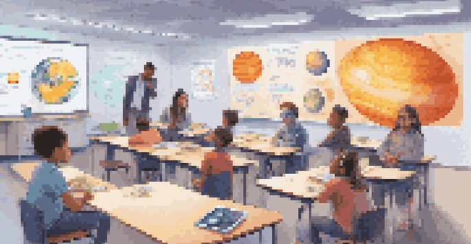A classroom full of students using augmented reality glasses to explore 3D holograms of the solar system, with a teacher guiding them.