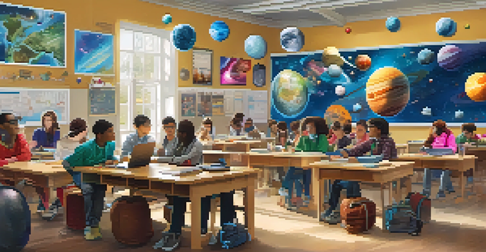 A classroom where students are using Augmented Reality technology, with 3D models visible above their desks.