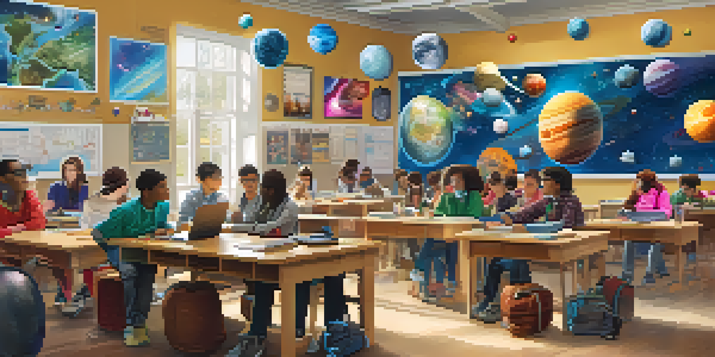 A classroom where students are using Augmented Reality technology, with 3D models visible above their desks.