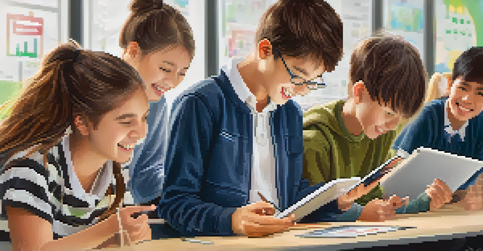 A happy student using a tablet for an interactive quiz, with classmates around, celebrating their achievements in a bright classroom.