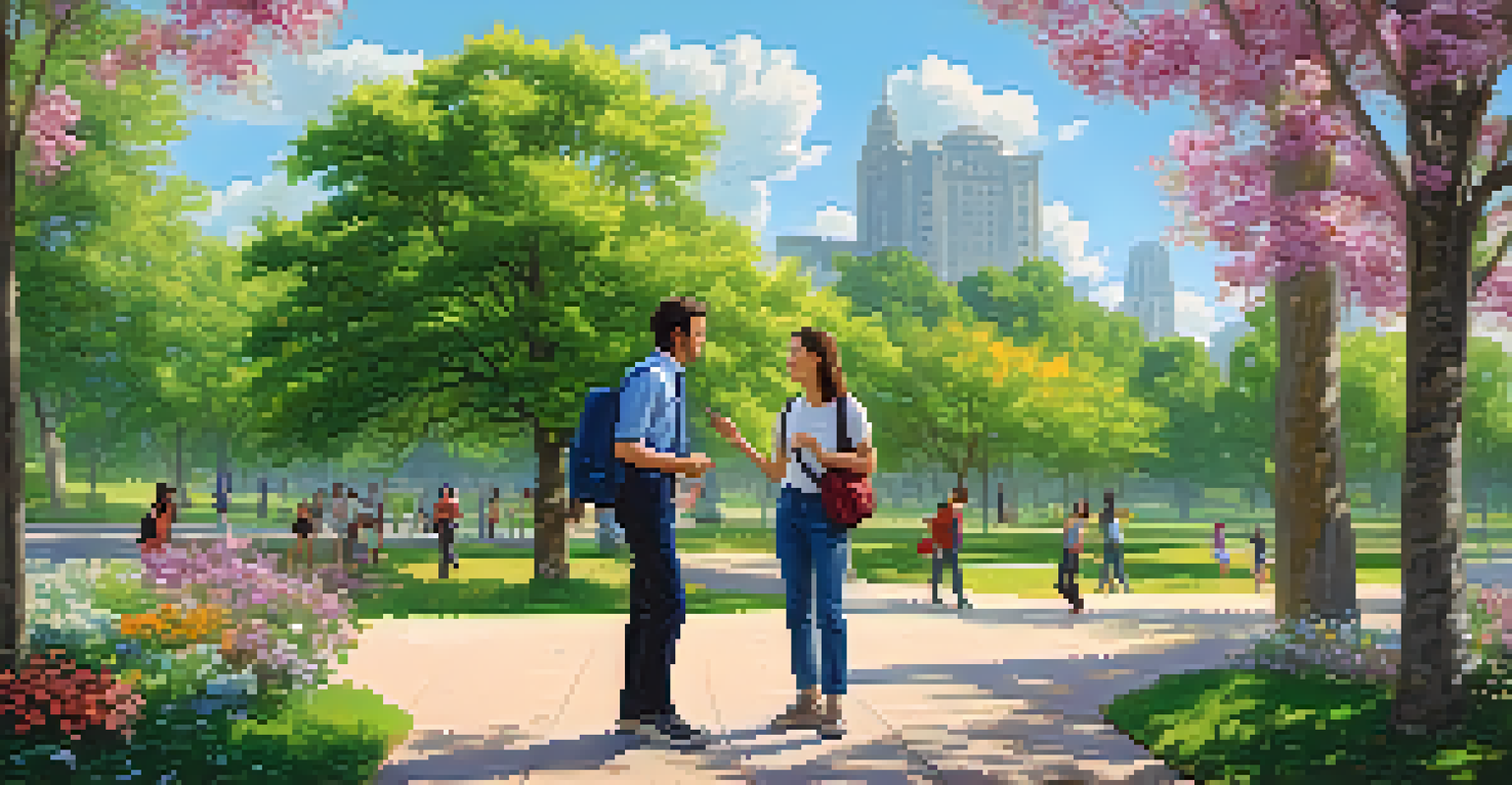 A mentor and a student walking in a park, discussing a project with blooming flowers around them.