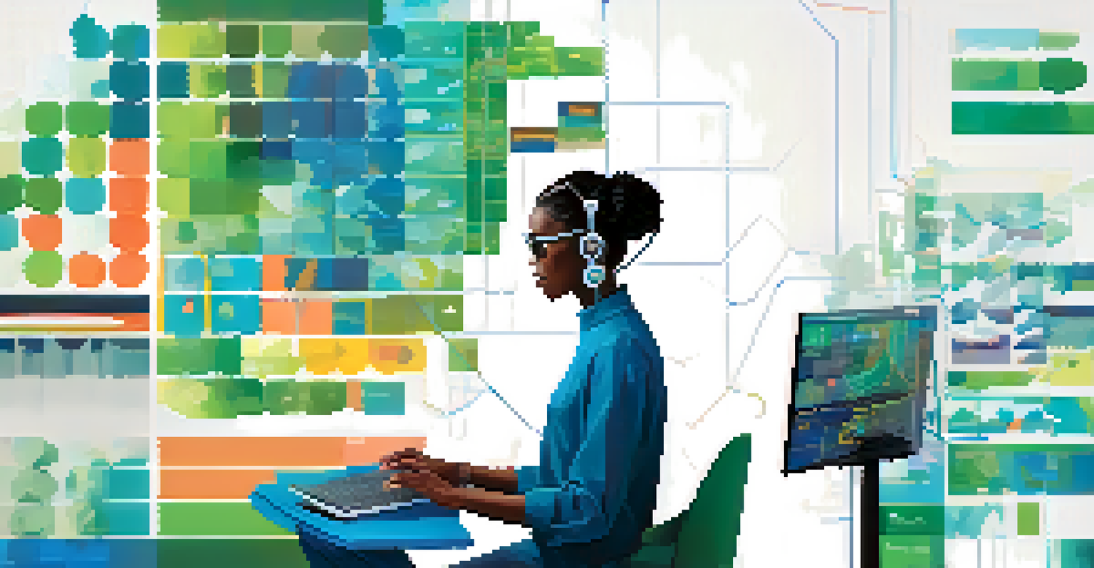 An illustration showing a content moderator at a computer and an AI analyzing data, symbolizing the relationship between technology and moderation.