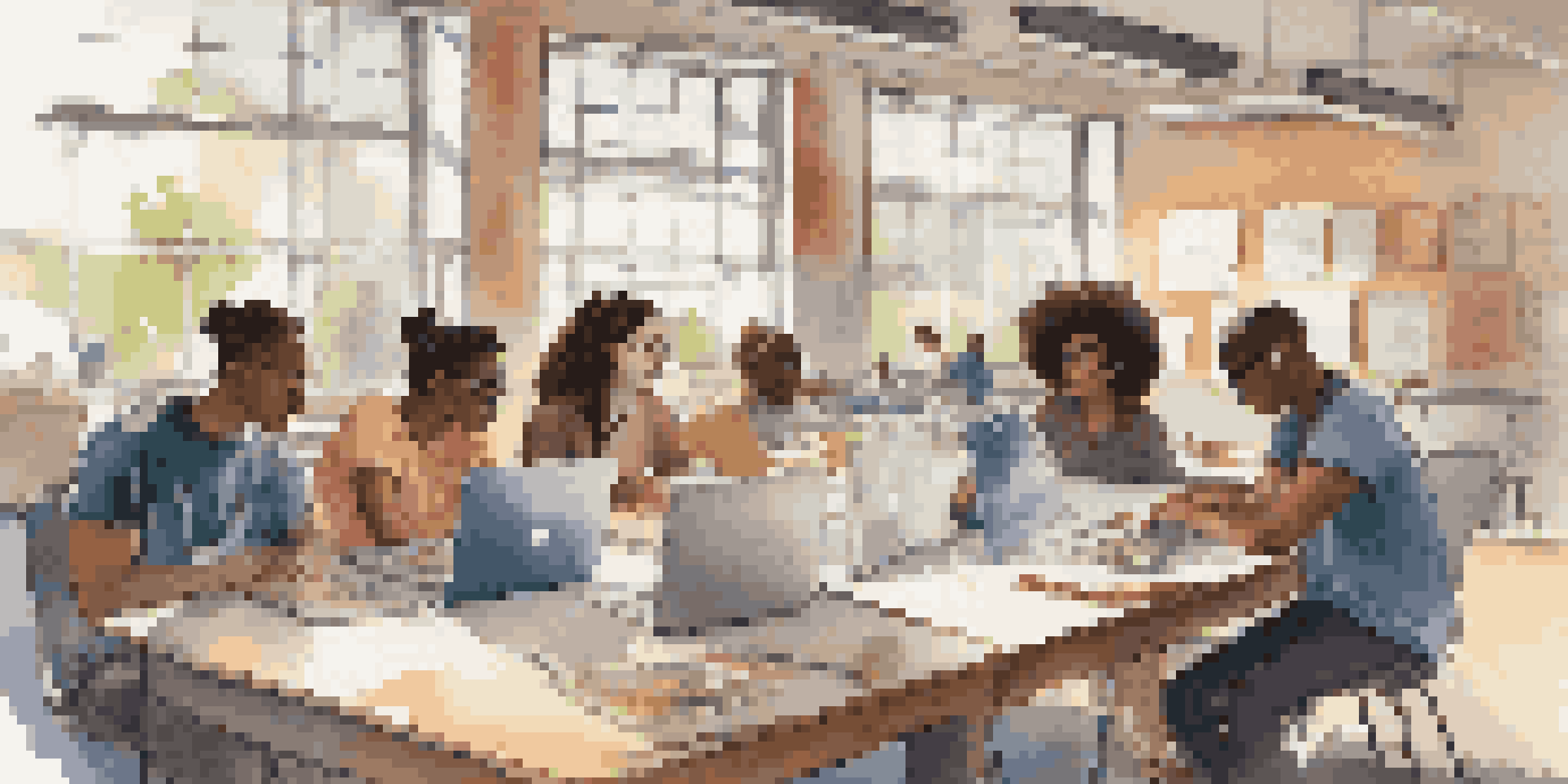 A group of diverse students actively collaborating on a project at a large table, with laptops and notebooks, illuminated by natural light.
