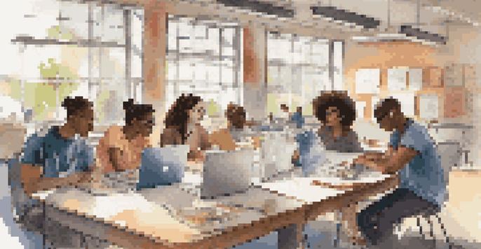 A group of diverse students actively collaborating on a project at a large table, with laptops and notebooks, illuminated by natural light.