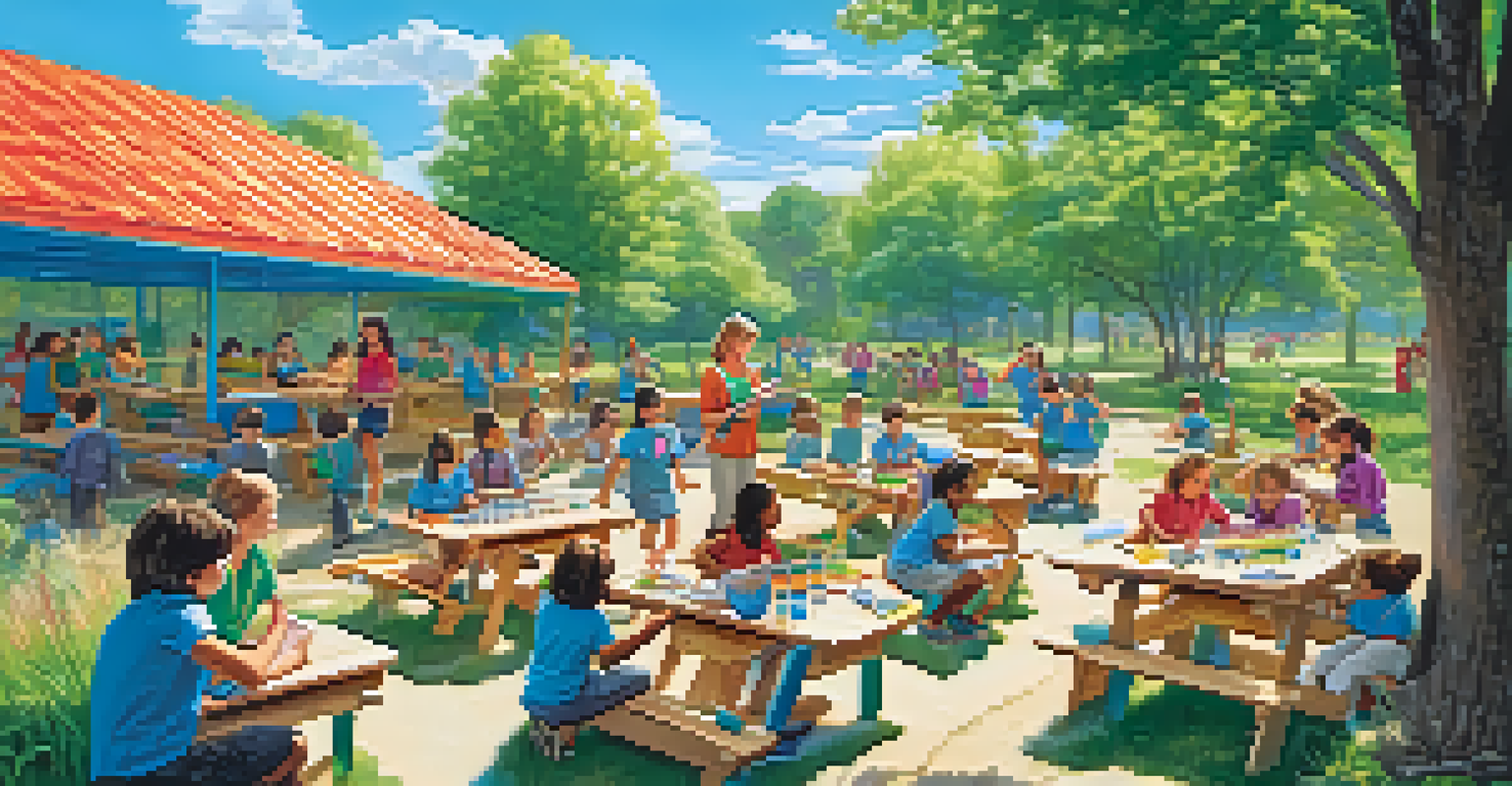 Children participating in a fun outdoor science experiment led by a teacher, with colorful materials and a bright blue sky.
