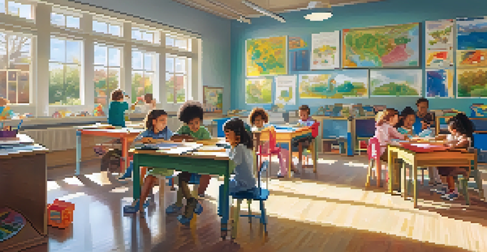 A lively classroom with children of different backgrounds working together at a table, surrounded by educational materials and bright posters.