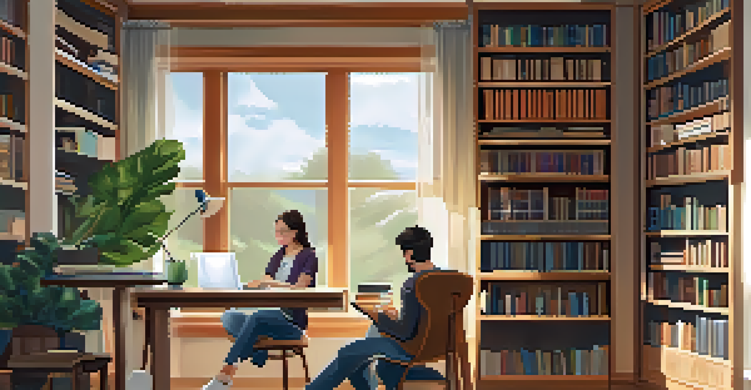 A student engaged in remote learning at a cozy home study space with a laptop and bookshelves.