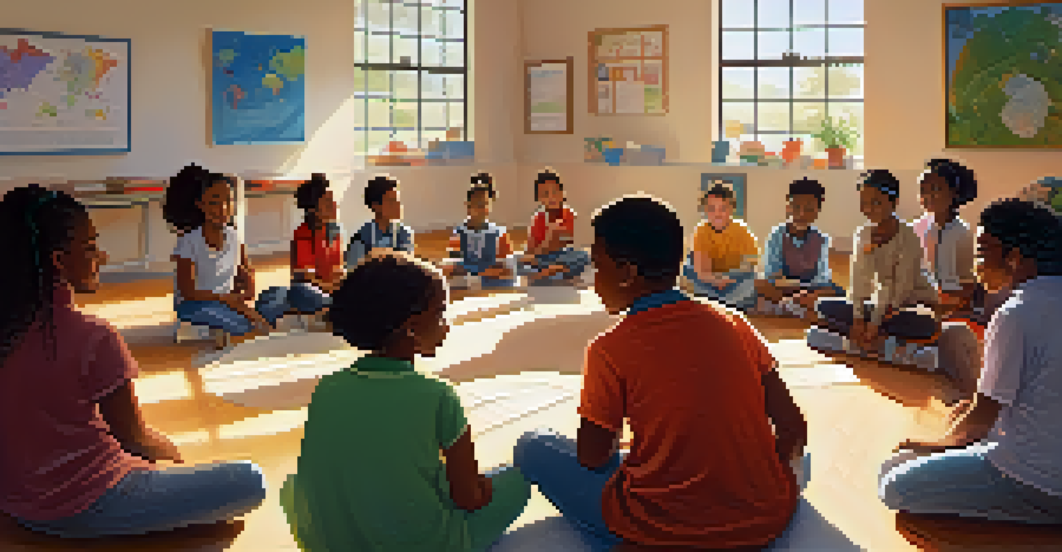 A diverse group of students in a classroom discussing cultural identities, with a teacher facilitating the conversation, surrounded by cultural posters and sunlight.