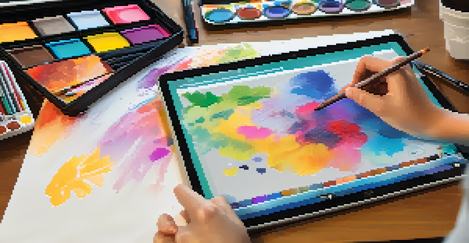 A close-up of a student's hands working on a digital storytelling project on a tablet, surrounded by art supplies.