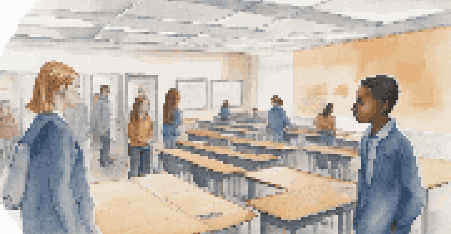 A split image showing a school security officer on one side and students discussing privacy concerns on the other, highlighting ethical considerations.