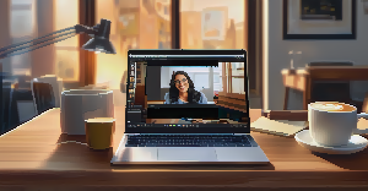 A close-up of a student typing on a laptop with a notepad and coffee, while a blurred group video call is on the screen.