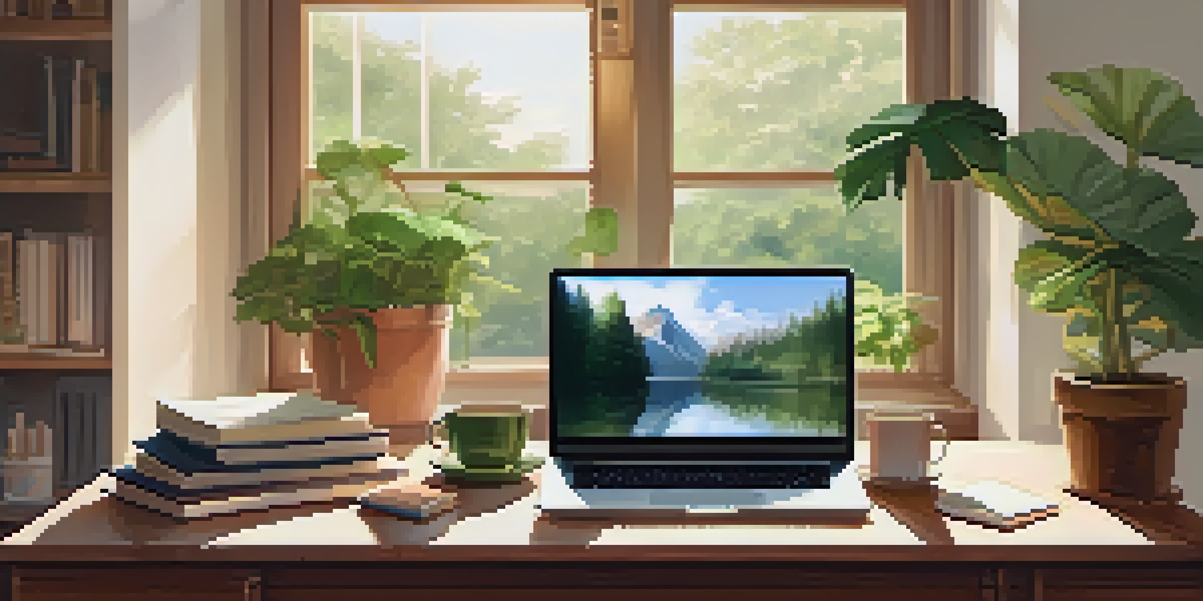 A peaceful study area featuring a wooden desk, an open laptop, books, and plants, illuminated by natural light.