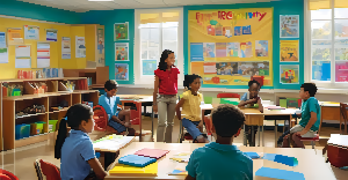 A classroom with students participating in a role-playing exercise to foster empathy, showing diverse children with expressive faces.