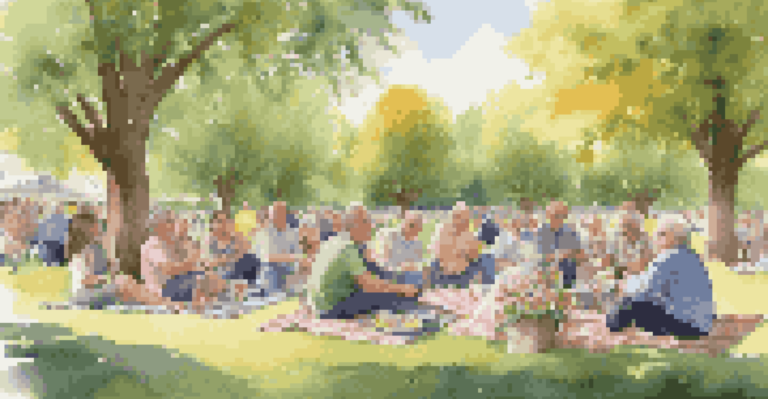 A peaceful outdoor alumni gathering in a park with people sitting on picnic blankets, enjoying each other's company amidst blooming trees.