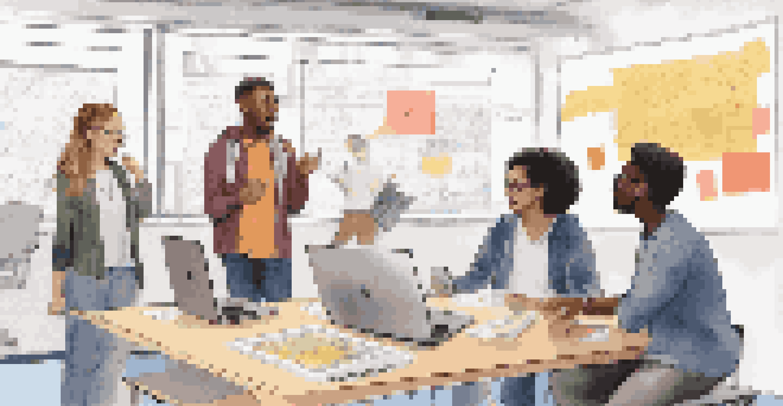 A group of diverse students working together on a digital project at a touchscreen display in a bright space, with laptops and sticky notes around.