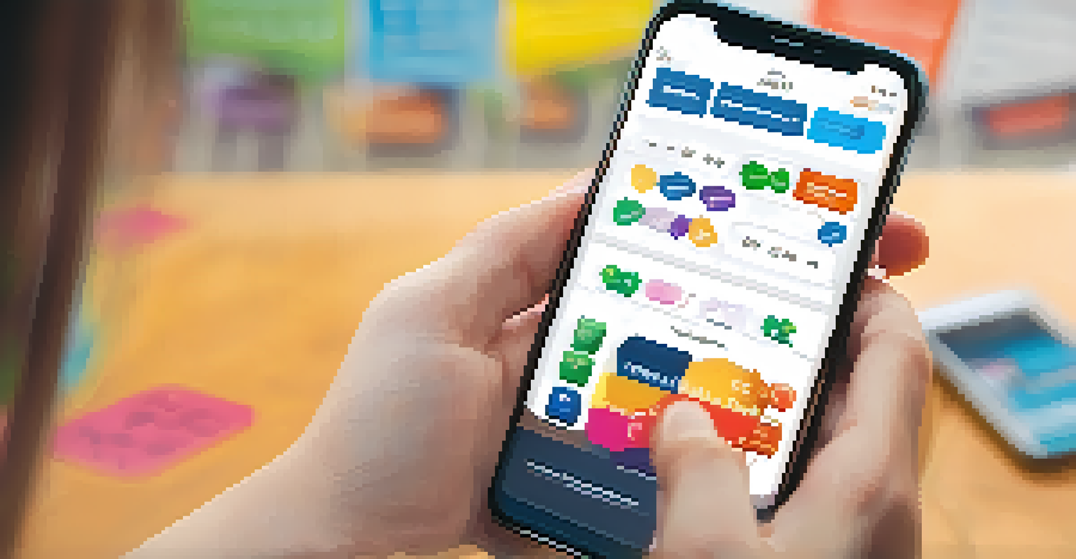 Close-up of a student's hands holding a smartphone showing a gamified quiz interface with colorful graphics.