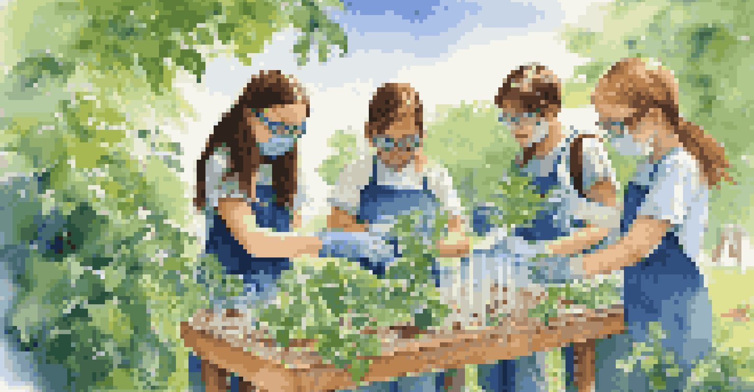 Students conducting a science experiment outdoors, surrounded by nature, engaged in hands-on learning about environmental conservation.