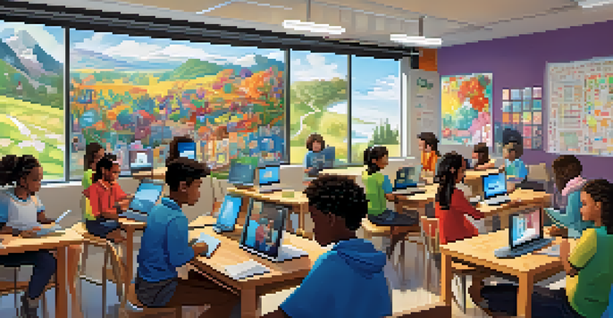 A classroom where students are participating in different learning activities, including watching videos, listening to podcasts, and using virtual reality headsets, with bright decorations and natural light.