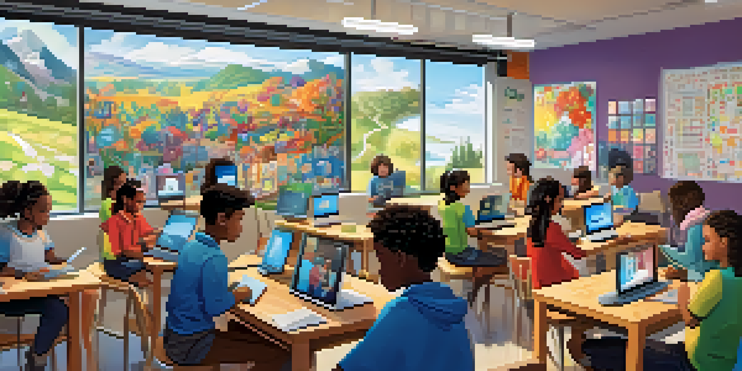 A classroom where students are participating in different learning activities, including watching videos, listening to podcasts, and using virtual reality headsets, with bright decorations and natural light.