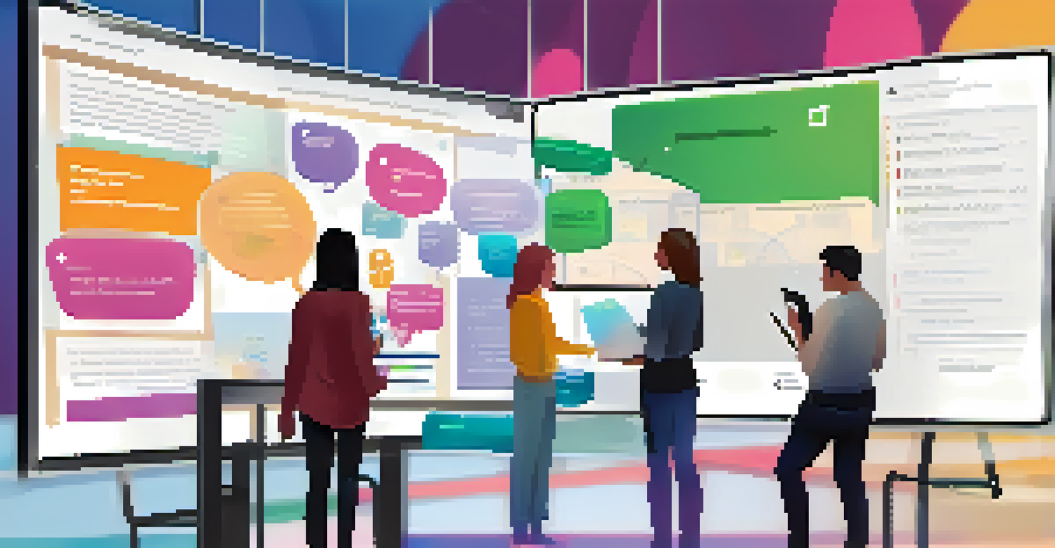 A digital platform showing a collaborative document with colorful comments and feedback bubbles, set in a modern learning environment.