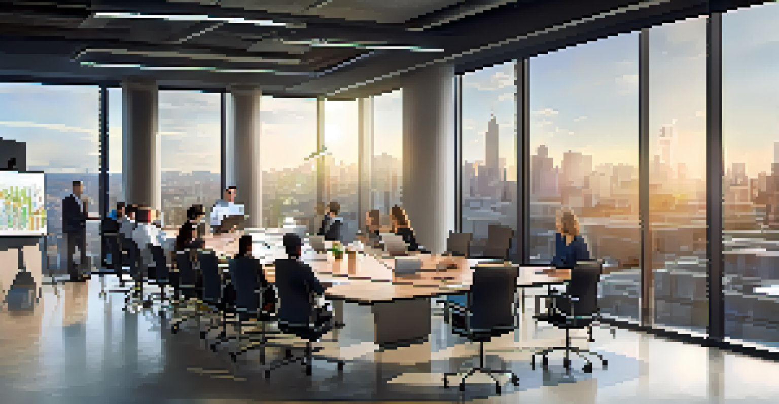 Employees in a modern office engaged in a training session with technology and real-time feedback displayed.