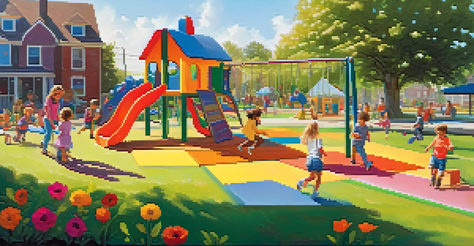 A colorful playground with children playing, including one building a block tower and another playing tag under the sun.