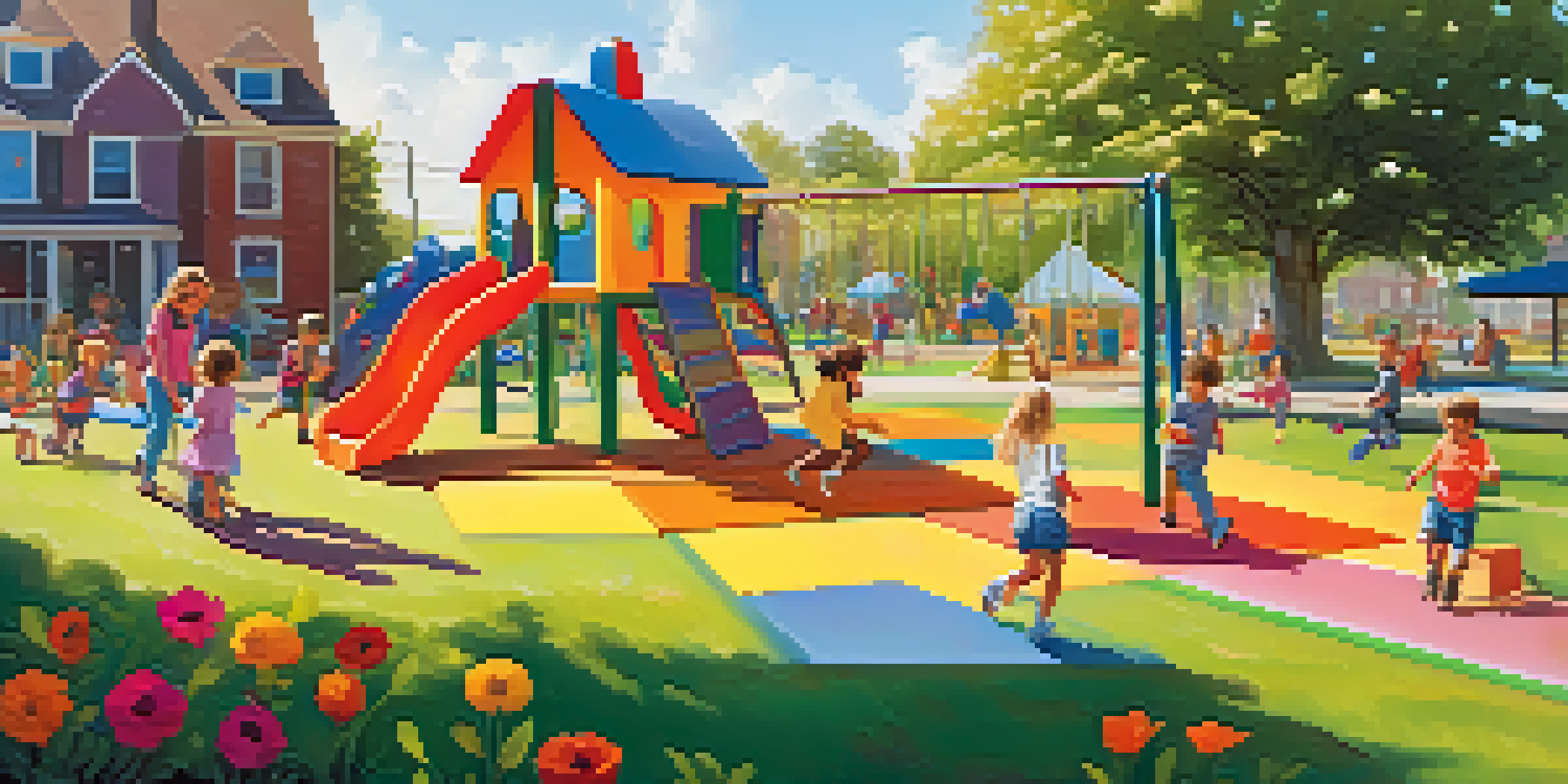 A colorful playground with children playing, including one building a block tower and another playing tag under the sun.