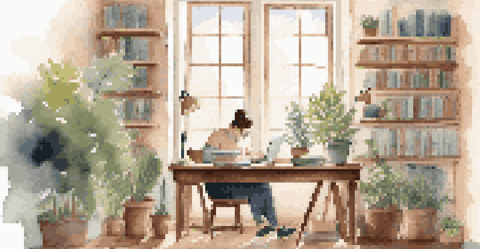 An educator reading a book on online teaching methodologies in a cozy study environment with natural light.