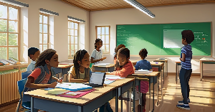 A classroom with students of different backgrounds working together on language exercises, with a teacher guiding them.