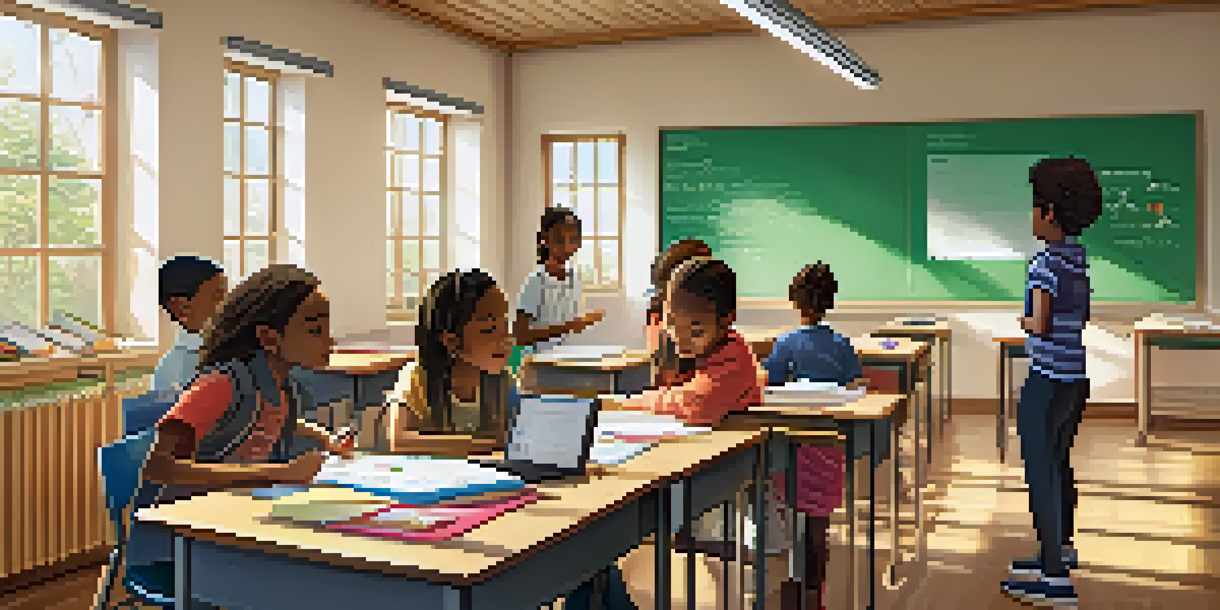 A classroom with students of different backgrounds working together on language exercises, with a teacher guiding them.