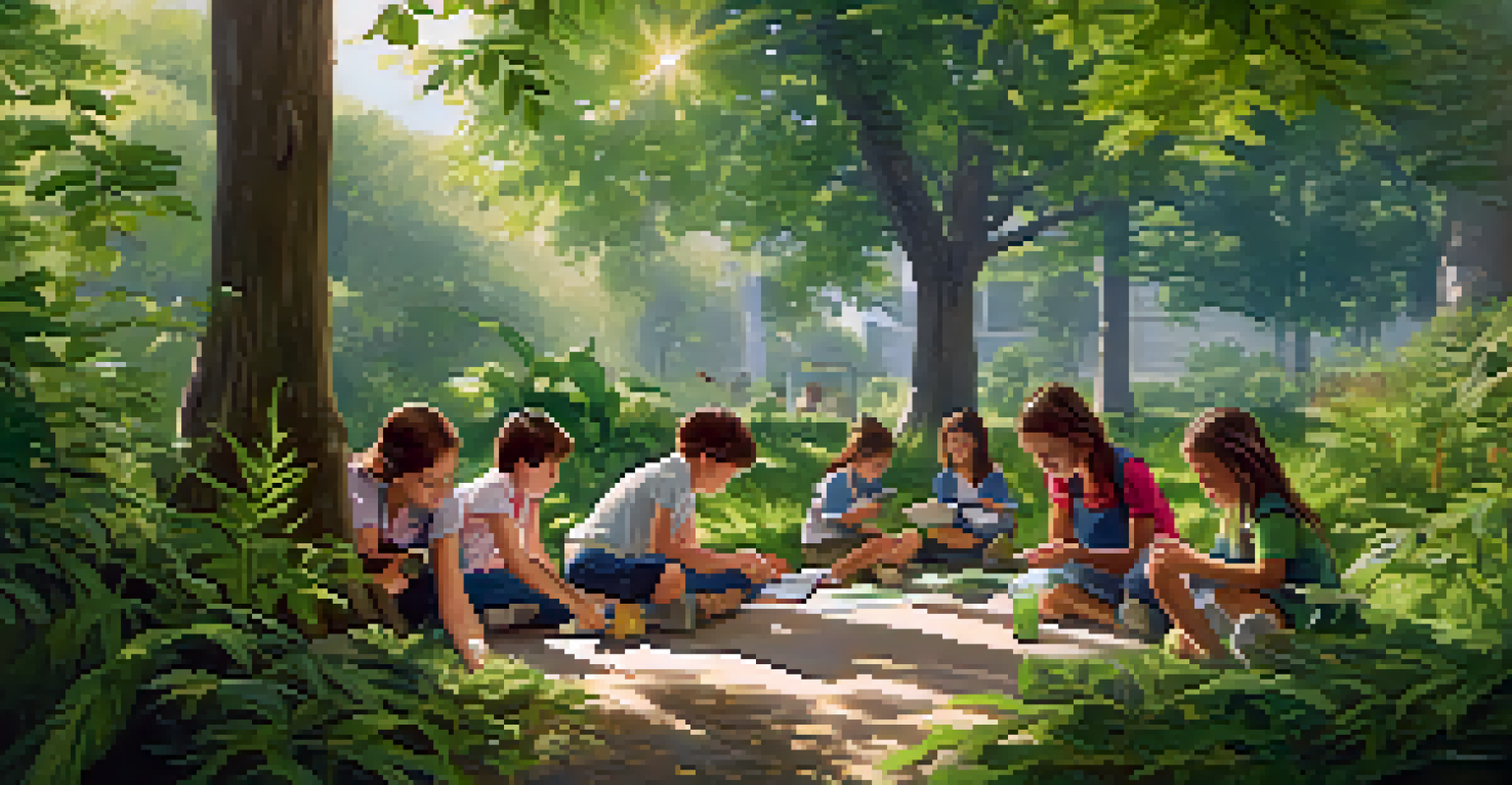 Students outside exploring nature with magnifying glasses, surrounded by greenery and sunlight, engaging in discussion and discovery.