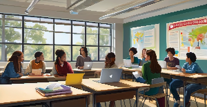 A modern classroom with students of diverse backgrounds engaged in group discussions, using laptops and tablets, under bright natural light.
