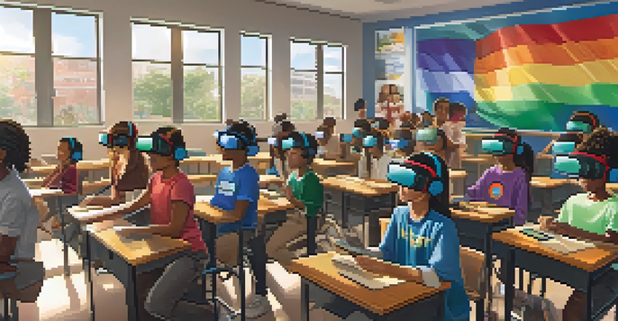 A classroom with diverse students wearing Virtual Reality headsets, engaged in immersive learning experiences.