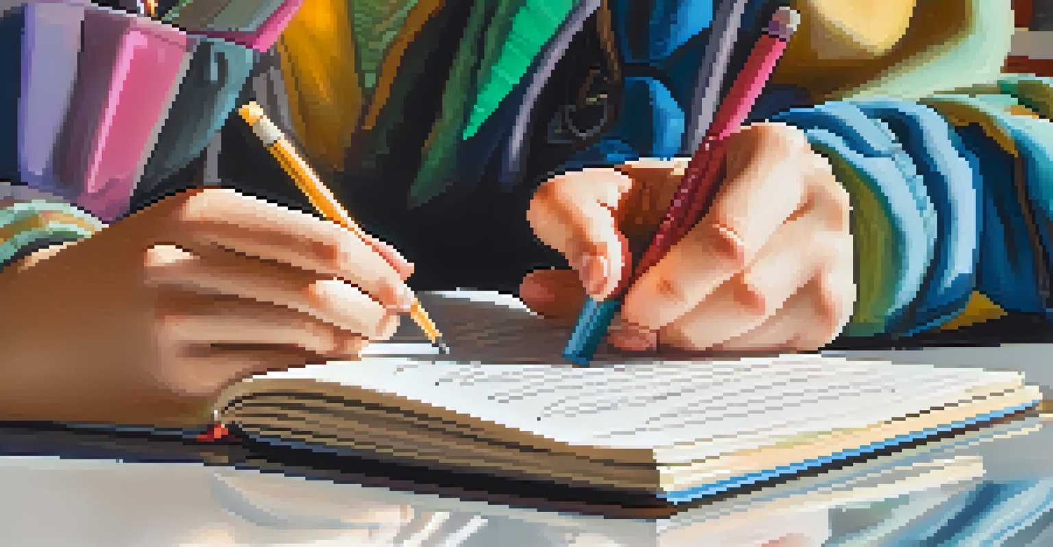 A close-up of a student's hands writing in a reflection journal with colorful school supplies in the background.