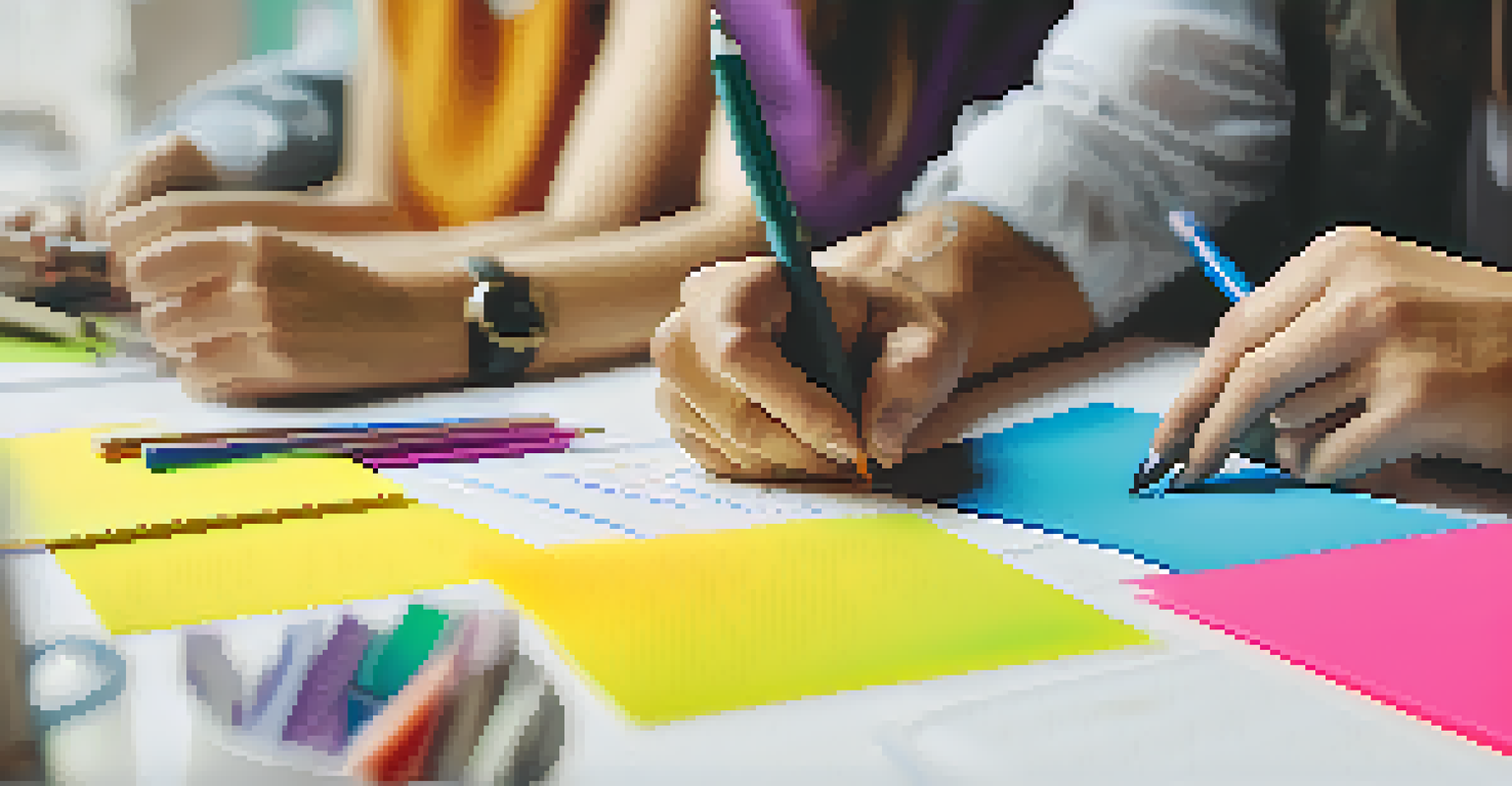 Close-up of hands collaborating on a project with colorful sticky notes and a laptop, highlighting teamwork in an educational setting.