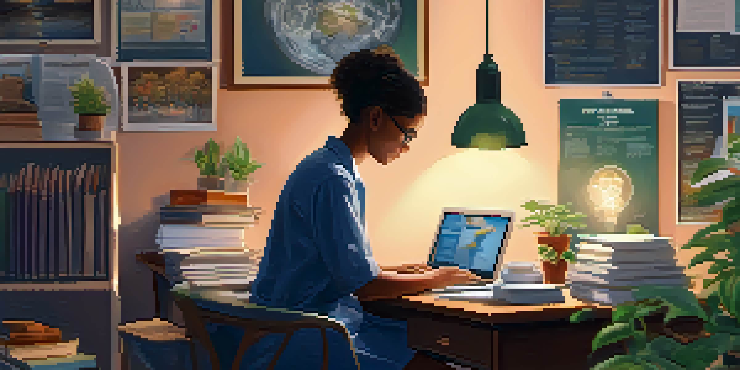 A medical student studying in a cozy room filled with textbooks and educational posters about global health, illuminated by a desk lamp.